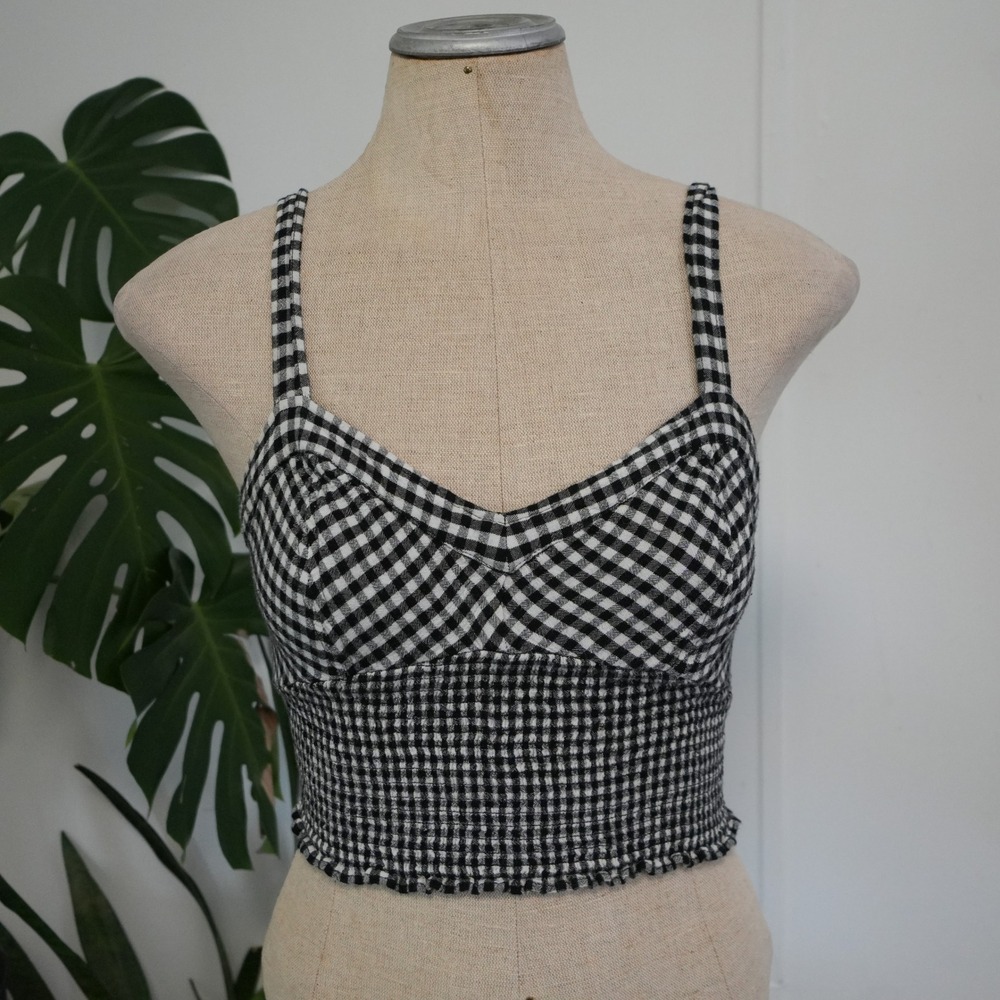 Free People Gingham Crop Top Cottagecore M Black White Smocked V-Neck‎ Cami Boho